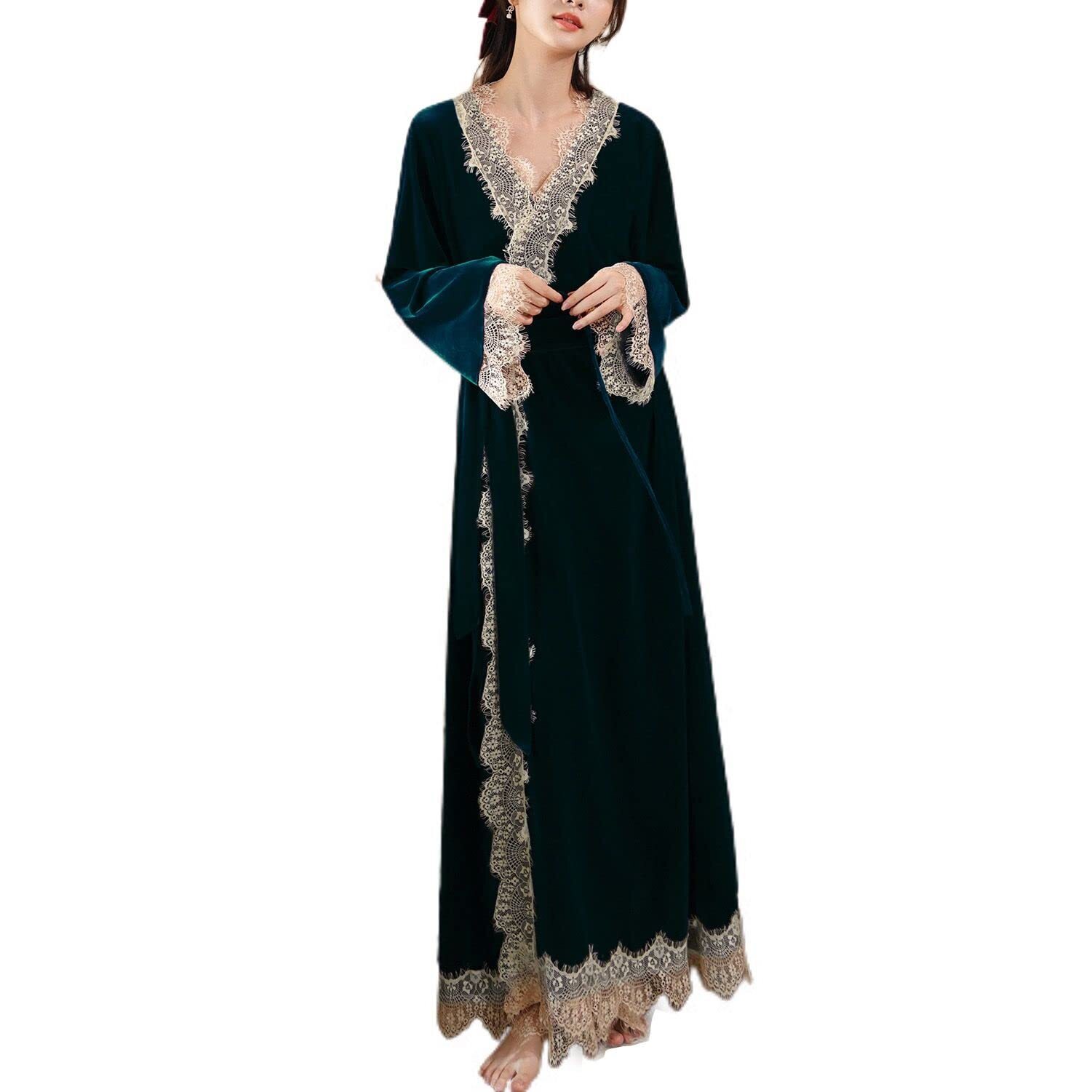 7104 Velvet Nightgown Bathrobe Set Luxury 2 Piece Full Length Dressing Gown